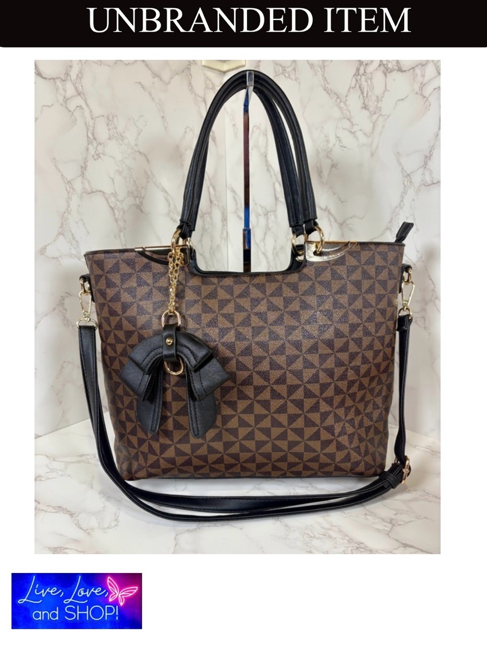 PURSE: Light & Dark Brown w/Black Accents Crossbody Tote w/Golden Hardware, EUC